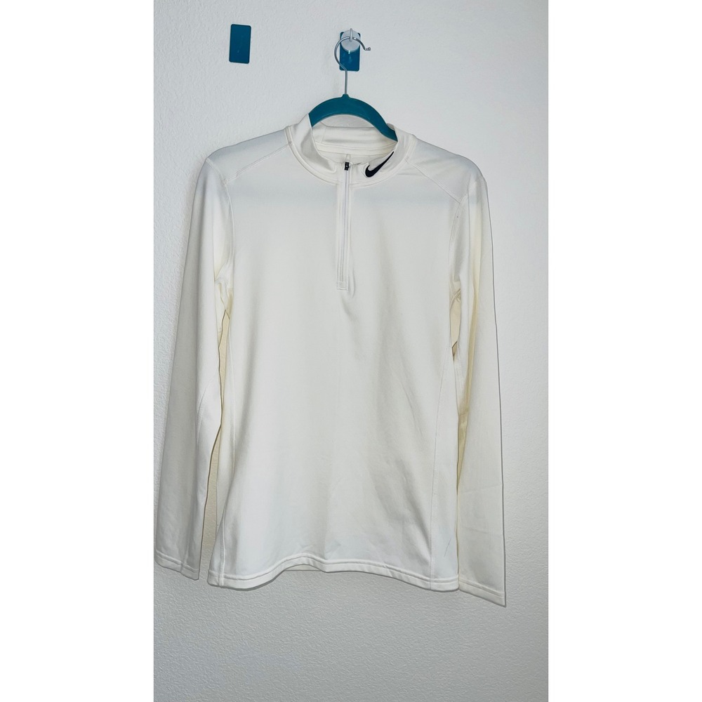 Nike Womens Dri-FIT 1/4 Zip Pullover S White Fitted Athletic Top Swoosh Collar